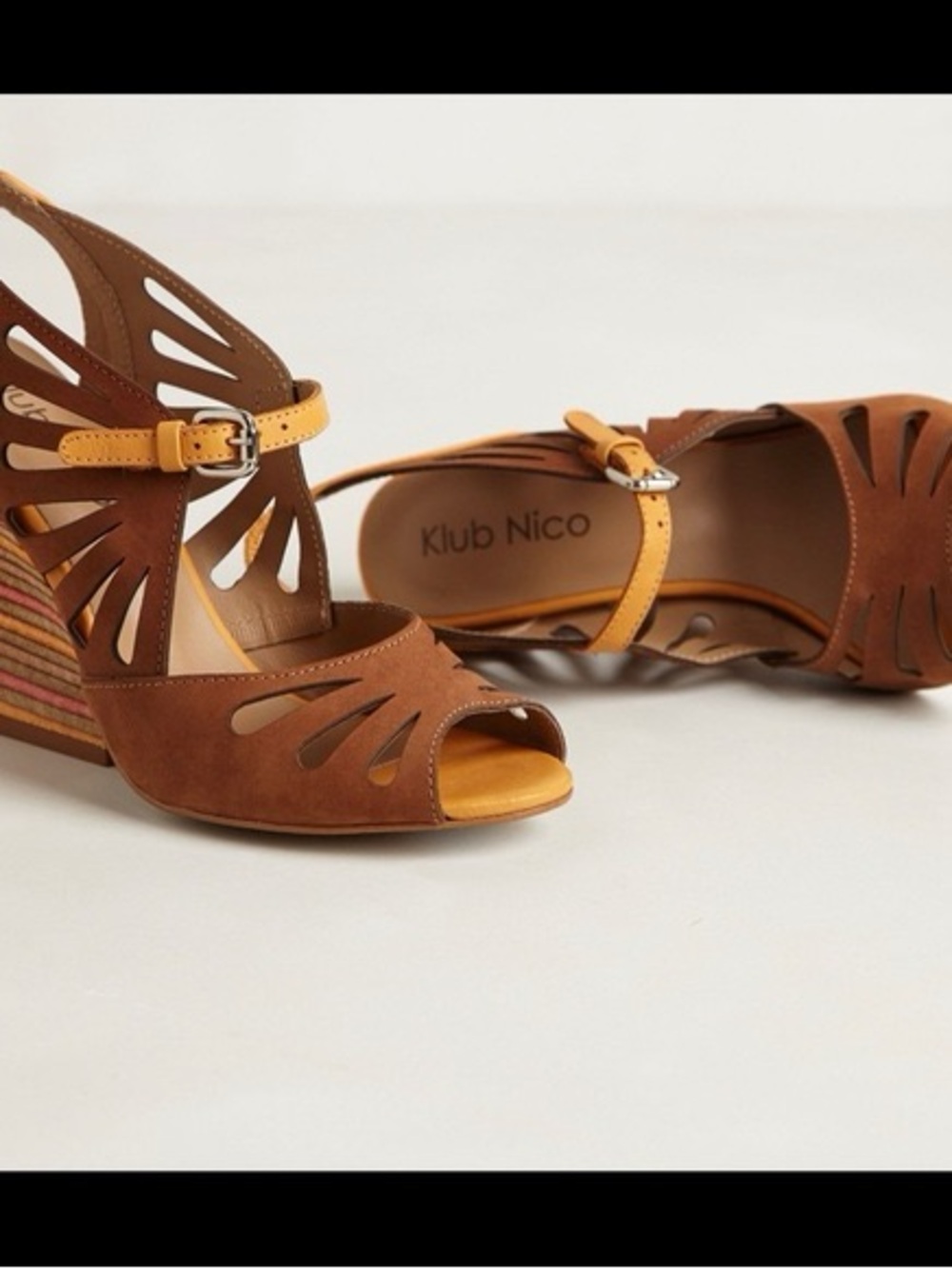 Klub Nico Cutout Brown & Tan Striped-Block Wedge Sandals 9